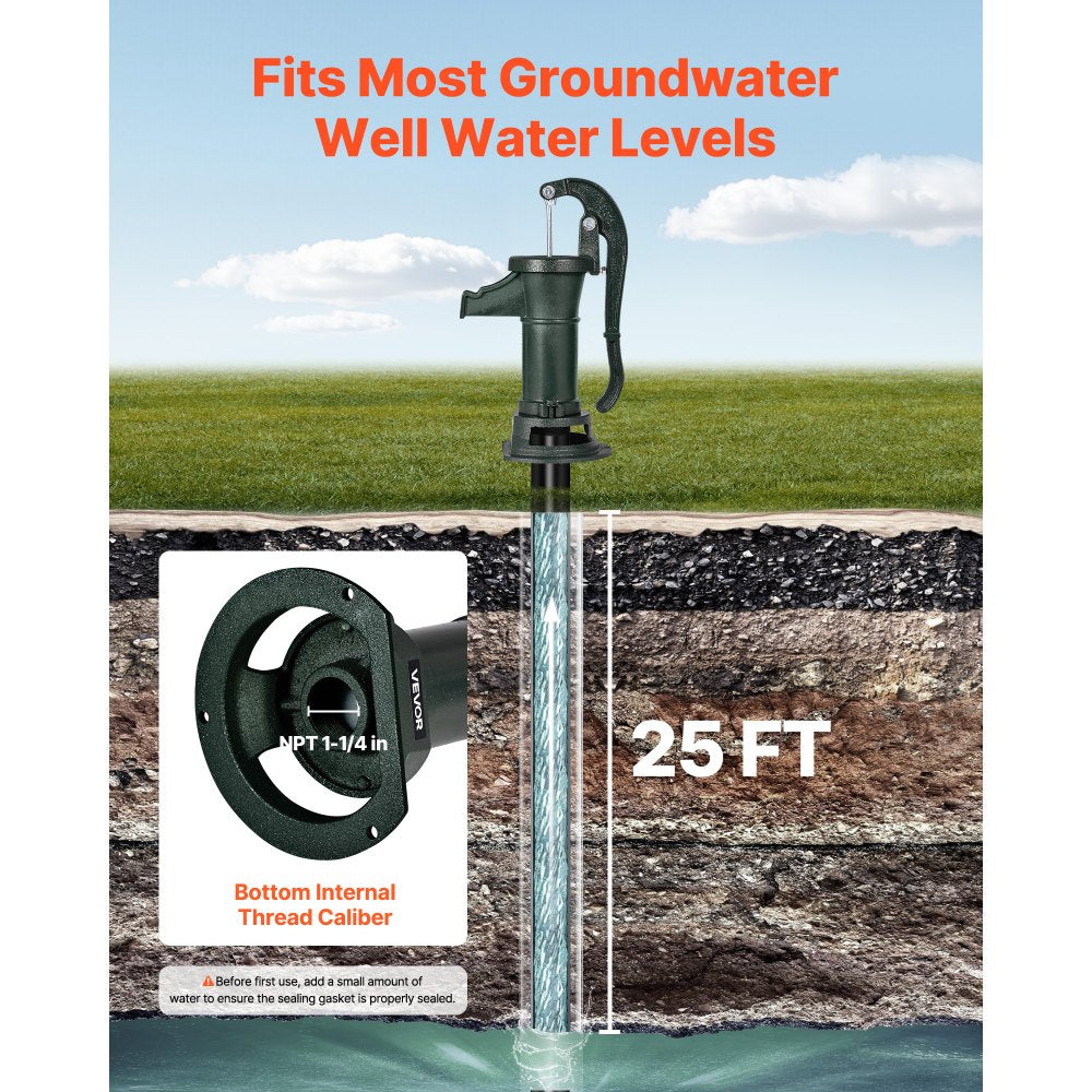 VEVOR Well Hand Pitcher Pump, 25 ft Maximum Lift, Antique Cast Iron Manual Hand Water Pump, NPT 1-1/4 in Connection, Easy Installation, Old Fashioned for Outdoor Garden, Pond, Backyard, Farm, Green