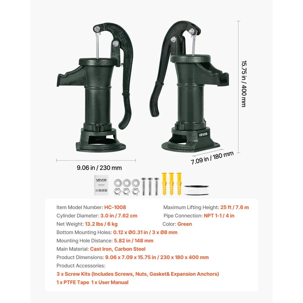VEVOR Well Hand Pitcher Pump, 25 ft Maximum Lift, Antique Cast Iron Manual Hand Water Pump, NPT 1-1/4 in Connection, Easy Installation, Old Fashioned for Outdoor Garden, Pond, Backyard, Farm, Green