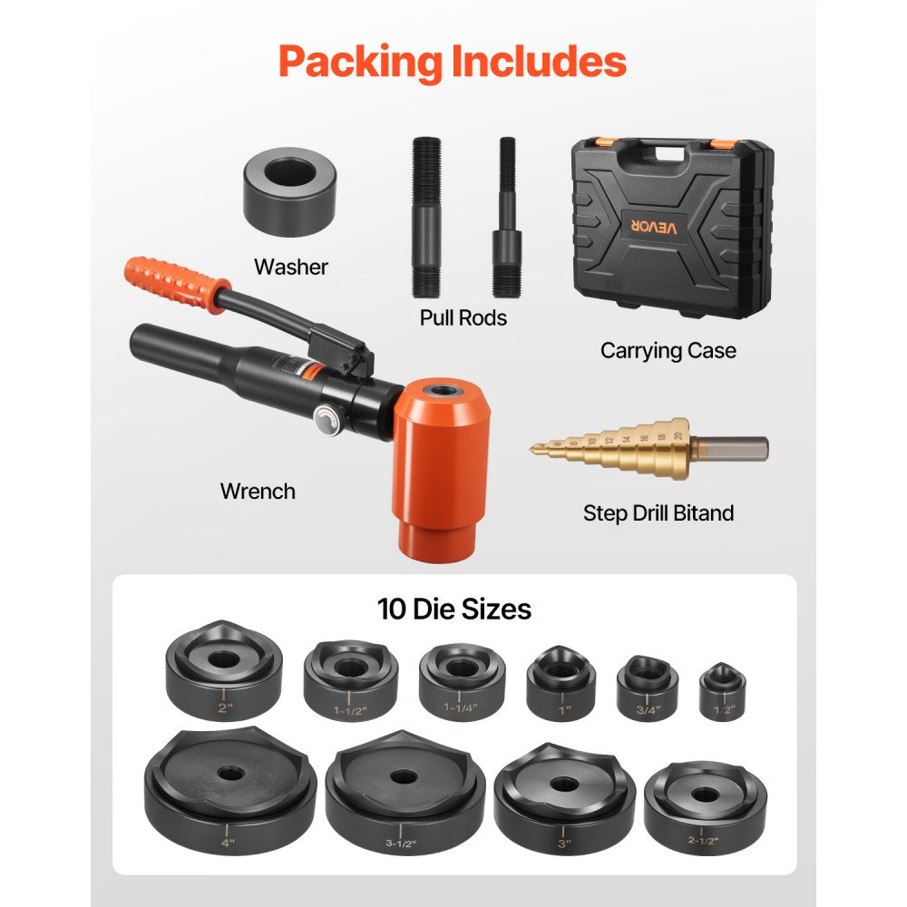 VEVOR Knockout Punch Set, 15 Ton Hydraulic Knockout Set, 1/2" to 4" KO Tool Kit Hole Making Tool, KO Tools Kit W/10 Dies for Metal Electrical Cabinets, Electrical Control Cabinets, Switch Cabinets