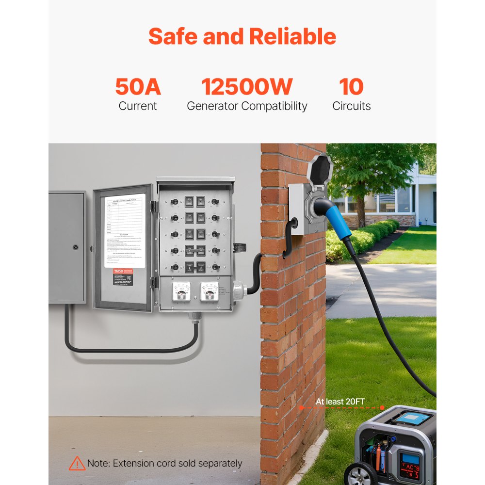 VEVOR Manual Transfer Switch, 50-Amp 10-Circuit, Prewired Generator Transfer Switch Kit with CS6375 Plug Power Inlet Box, Double-Throw Switch, NEMA 3R, Mechanical Watt Meter, for 12500W Generators