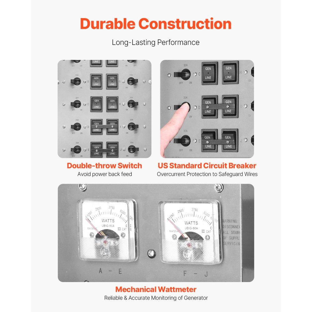 VEVOR Manual Transfer Switch, 50-Amp 10-Circuit, Prewired Generator Transfer Switch Kit with CS6375 Plug Power Inlet Box, Double-Throw Switch, NEMA 3R, Mechanical Watt Meter, for 12500W Generators