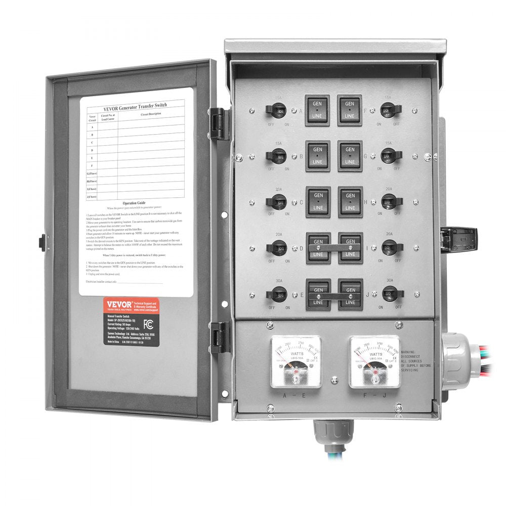VEVOR Manual Transfer Switch, 50-Amp 10-Circuit, Prewired Generator Transfer Switch Kit with CS6375 Plug Power Inlet Box, Double-Throw Switch, NEMA 3R, Mechanical Watt Meter, for 12500W Generators
