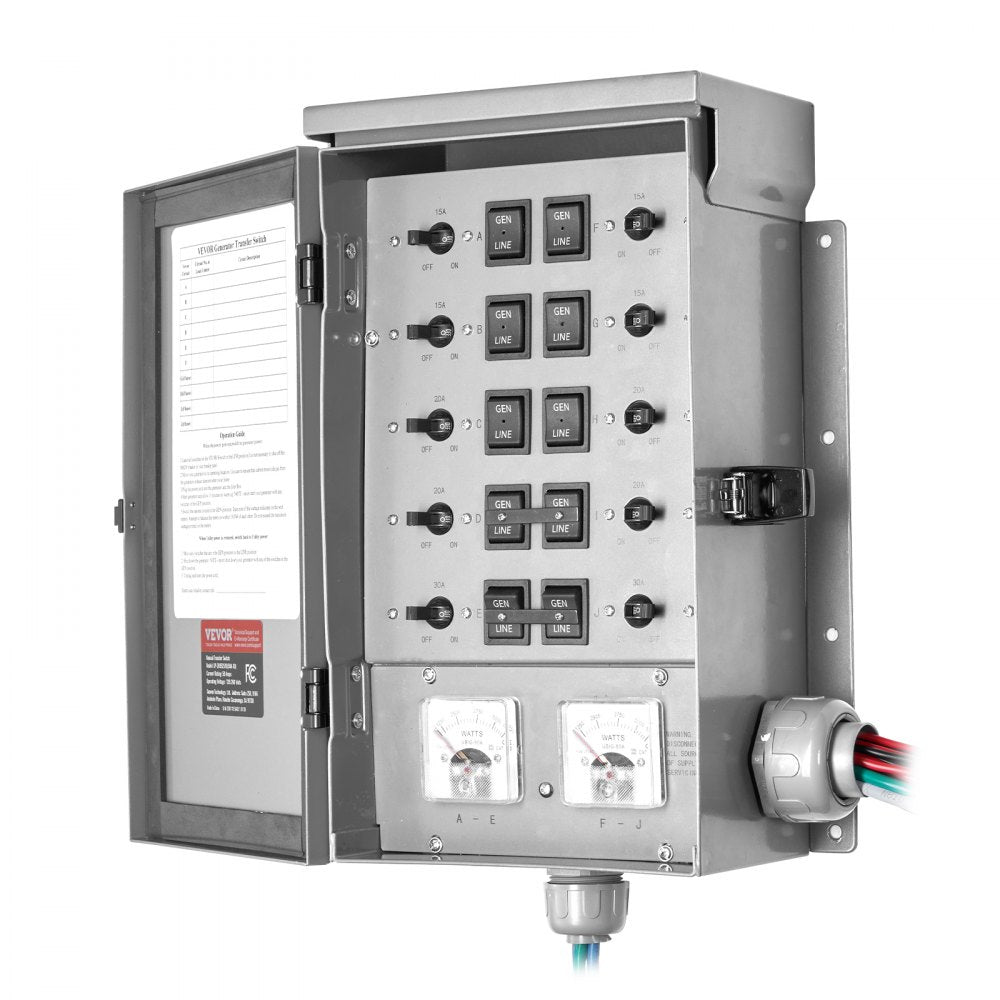 VEVOR Manual Transfer Switch, 50-Amp 10-Circuit, Prewired Generator Transfer Switch Kit with CS6375 Plug Power Inlet Box, Double-Throw Switch, NEMA 3R, Mechanical Watt Meter, for 12500W Generators