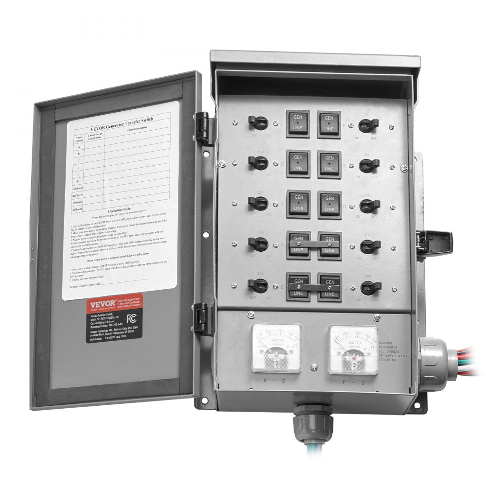 VEVOR Manual Transfer Switch, 50-Amp 10-Circuit, Prewired Generator Transfer Switch Kit with CS6375 Plug Power Inlet Box, Double-Throw Switch, NEMA 3R, Mechanical Watt Meter, for 12500W Generators