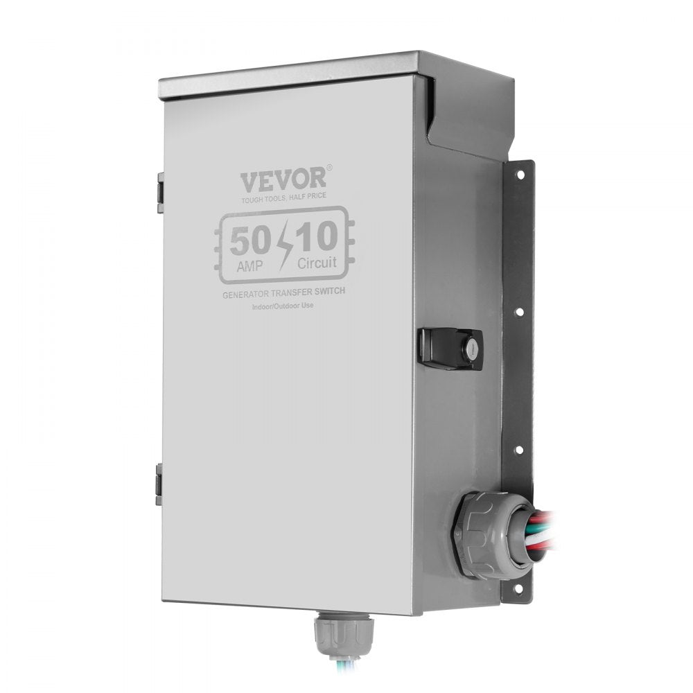 VEVOR Manual Transfer Switch, 50-Amp 10-Circuit, Prewired Generator Transfer Switch Kit with CS6375 Plug Power Inlet Box, Double-Throw Switch, NEMA 3R, Mechanical Watt Meter, for 12500W Generators