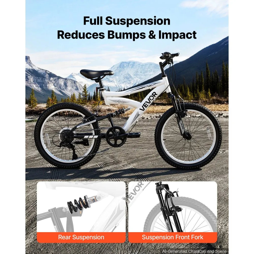 VEVOR Mountain Bike for Men and Women 20 inch Outdoor Bicycle 6 Speeds, Adult Bikes, Full Suspension, Adjustable Saddle, All-Terrain Tires, High Carbon Steel Frame, Dual Brakes, Pre-Assembled