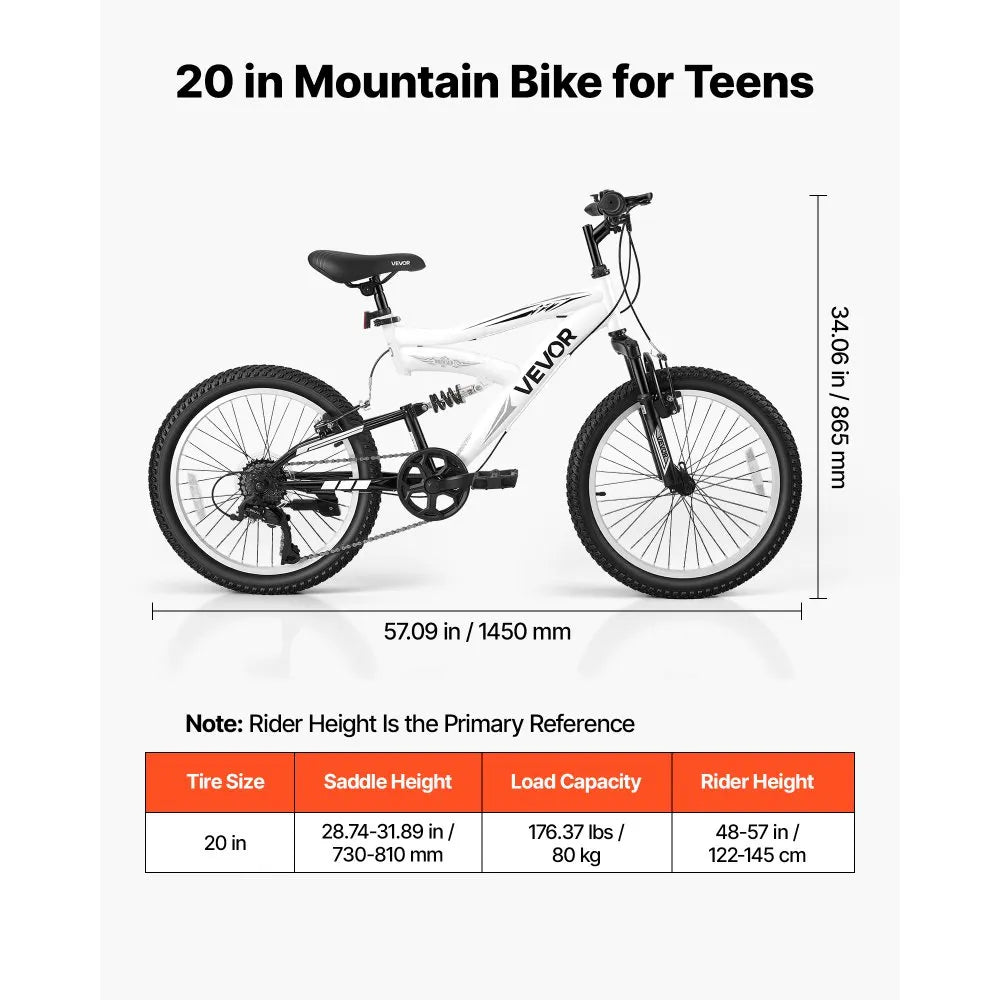 VEVOR Mountain Bike for Men and Women 20 inch Outdoor Bicycle 6 Speeds, Adult Bikes, Full Suspension, Adjustable Saddle, All-Terrain Tires, High Carbon Steel Frame, Dual Brakes, Pre-Assembled