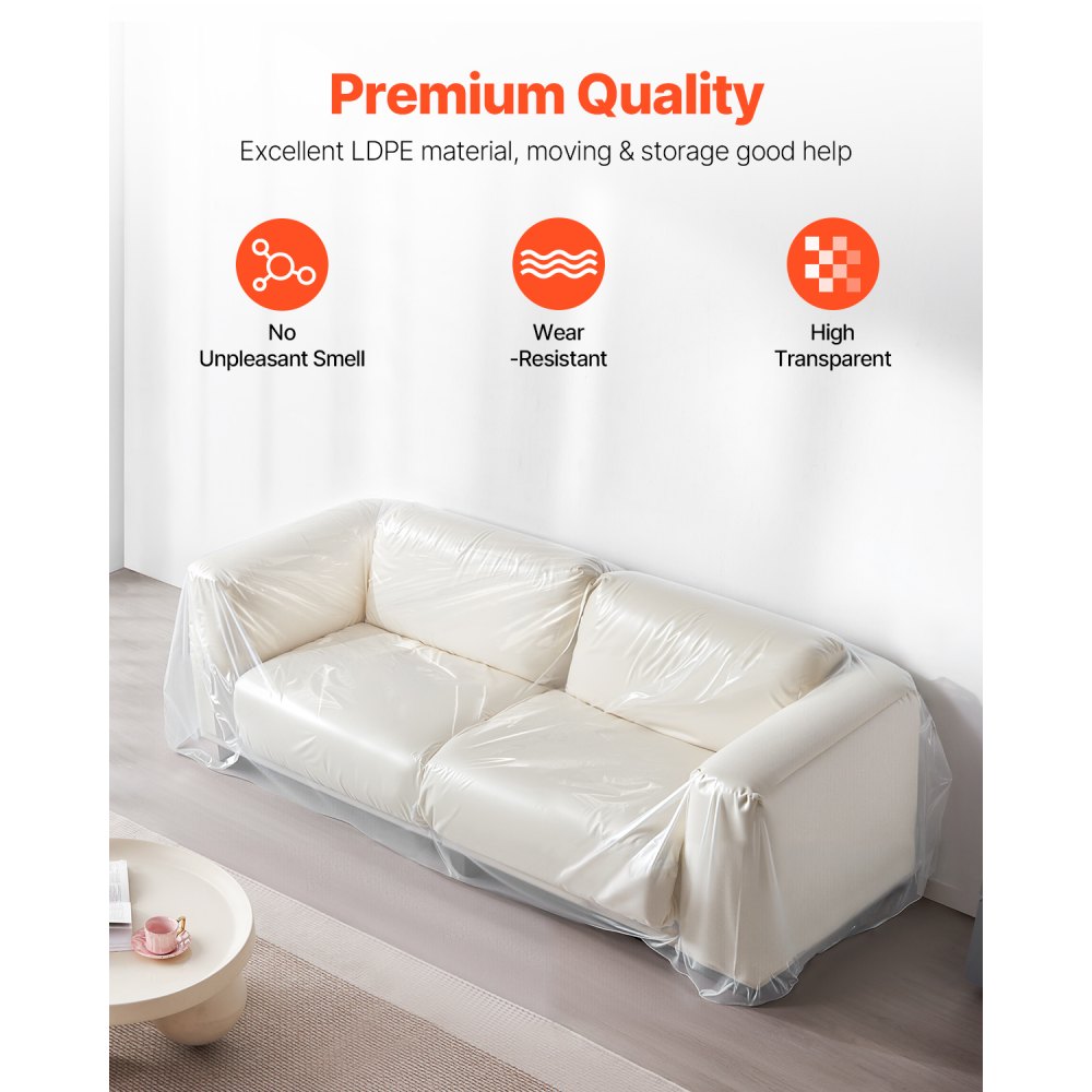 VEVOR Plastic Couch Cover, 4 Mil Thickened Sofa Cover for Moving, Heavy-Duty Clear Couch Cover with Wide Opening Design, Wear-Resistant & Waterproof Plastic Shield Covers for Couch, 92 x 62 x 42 inch