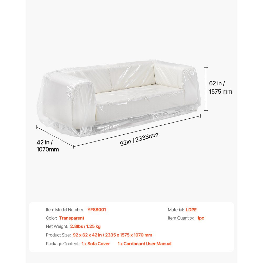 VEVOR Plastic Couch Cover, 4 Mil Thickened Sofa Cover for Moving, Heavy-Duty Clear Couch Cover with Wide Opening Design, Wear-Resistant & Waterproof Plastic Shield Covers for Couch, 92 x 62 x 42 inch