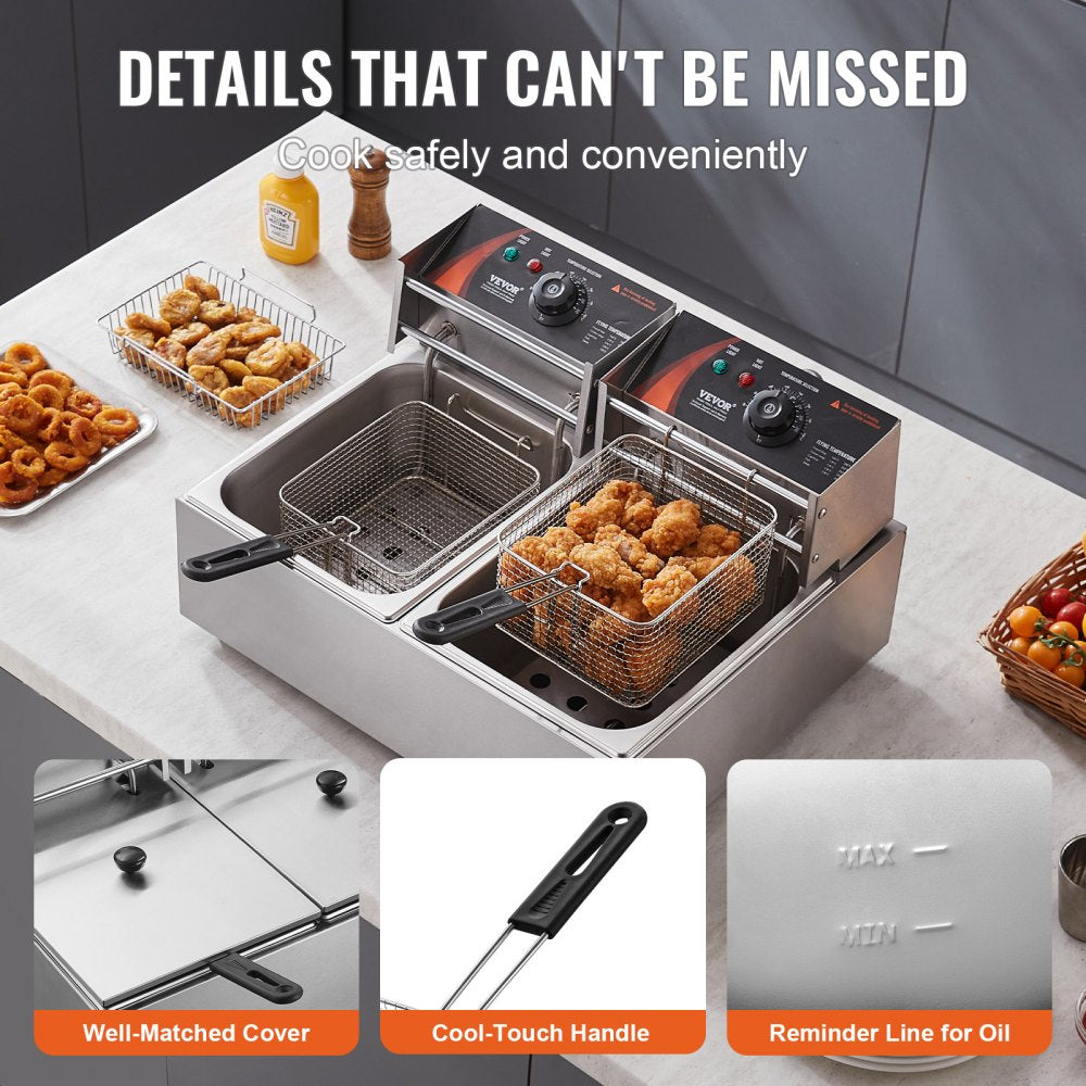 VEVOR Commercial Deep Fryer, Dual Tank 3000W Electric Countertop Fryer with Basket, 2 x 9.1Qt/8.6L Double Stainless Steel Oil Fryer, with Temp Control & Overheat Protection, for Kitchen Restaurant Use