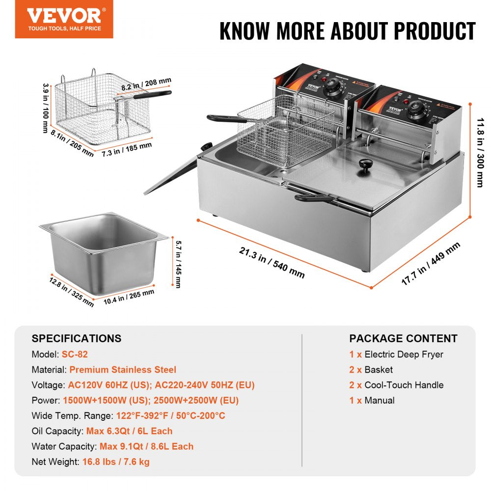 VEVOR Commercial Deep Fryer, Dual Tank 3000W Electric Countertop Fryer with Basket, 2 x 9.1Qt/8.6L Double Stainless Steel Oil Fryer, with Temp Control & Overheat Protection, for Kitchen Restaurant Use
