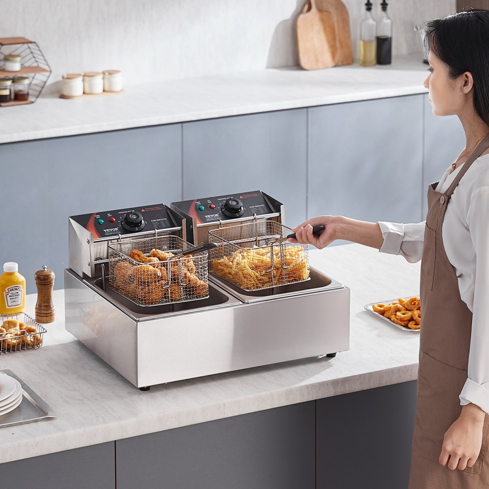 VEVOR Commercial Deep Fryer, Dual Tank 3000W Electric Countertop Fryer with Basket, 2 x 9.1Qt/8.6L Double Stainless Steel Oil Fryer, with Temp Control & Overheat Protection, for Kitchen Restaurant Use
