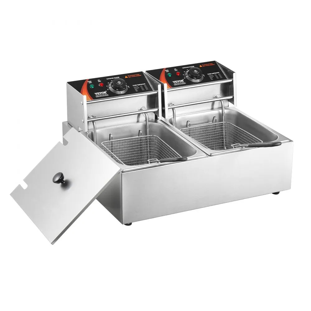VEVOR Commercial Deep Fryer, Dual Tank 3000W Electric Countertop Fryer with Basket, 2 x 9.1Qt/8.6L Double Stainless Steel Oil Fryer, with Temp Control & Overheat Protection, for Kitchen Restaurant Use