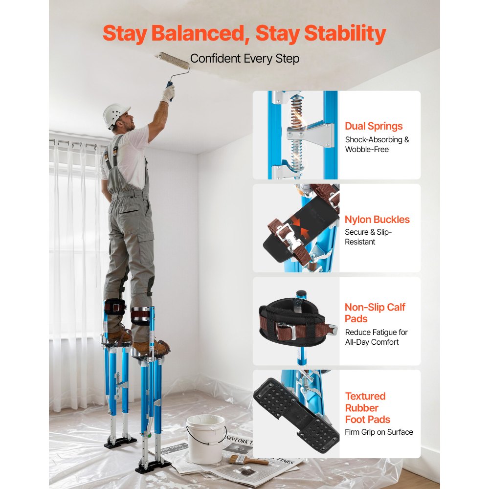 VEVOR Drywall Stilts, 24.2–40.3 Inch Adjustable Aluminum Painter Stilts, 228 lbs Load Capacity, Non-Slip Rubber Feet, Dual Spring Shock Absorption, Comfortable Leg Straps for Painting, Decoration,Blue