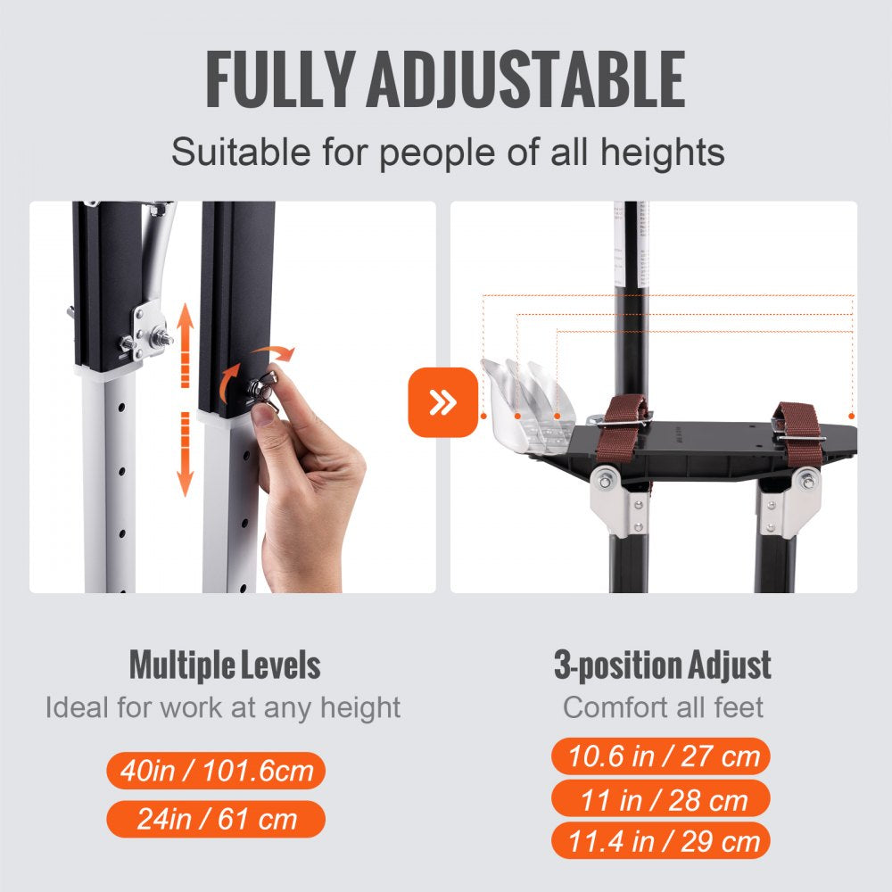 VEVOR Drywall Stilts, 24''-40'' Adjustable Aluminum Tool Stilts with Protective Knee Pads, Durable and Non-slip Work Stilts for Sheetrock Painting, Walking, Taping, Black