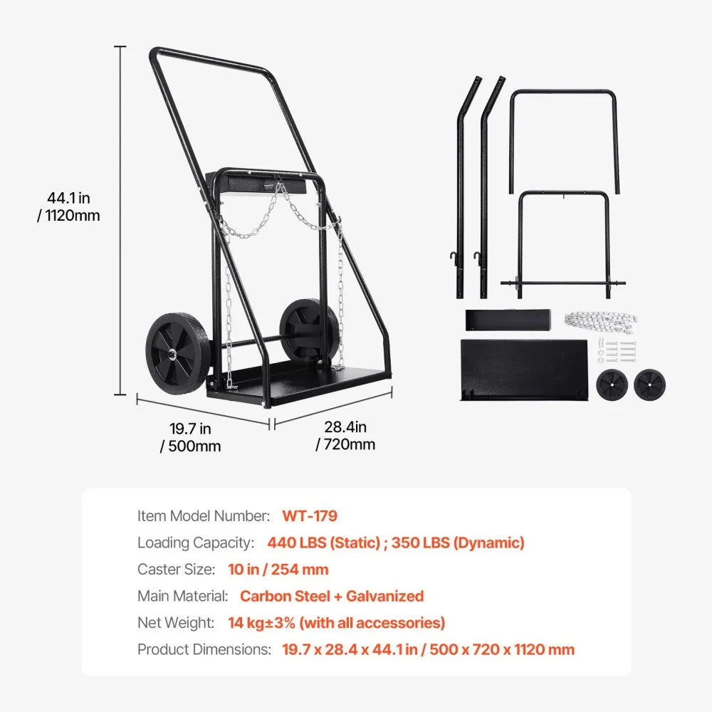 VEVOR Dual Welding Cylinder Cart, Oxygen Acetylene Tank Cart with 440LBS Static Weight Capacity, 10-Inch Solid Wheels and Tank Storage Safety Chains, Suitable for Double 12.5-Inch Dia. Gas Cylinders