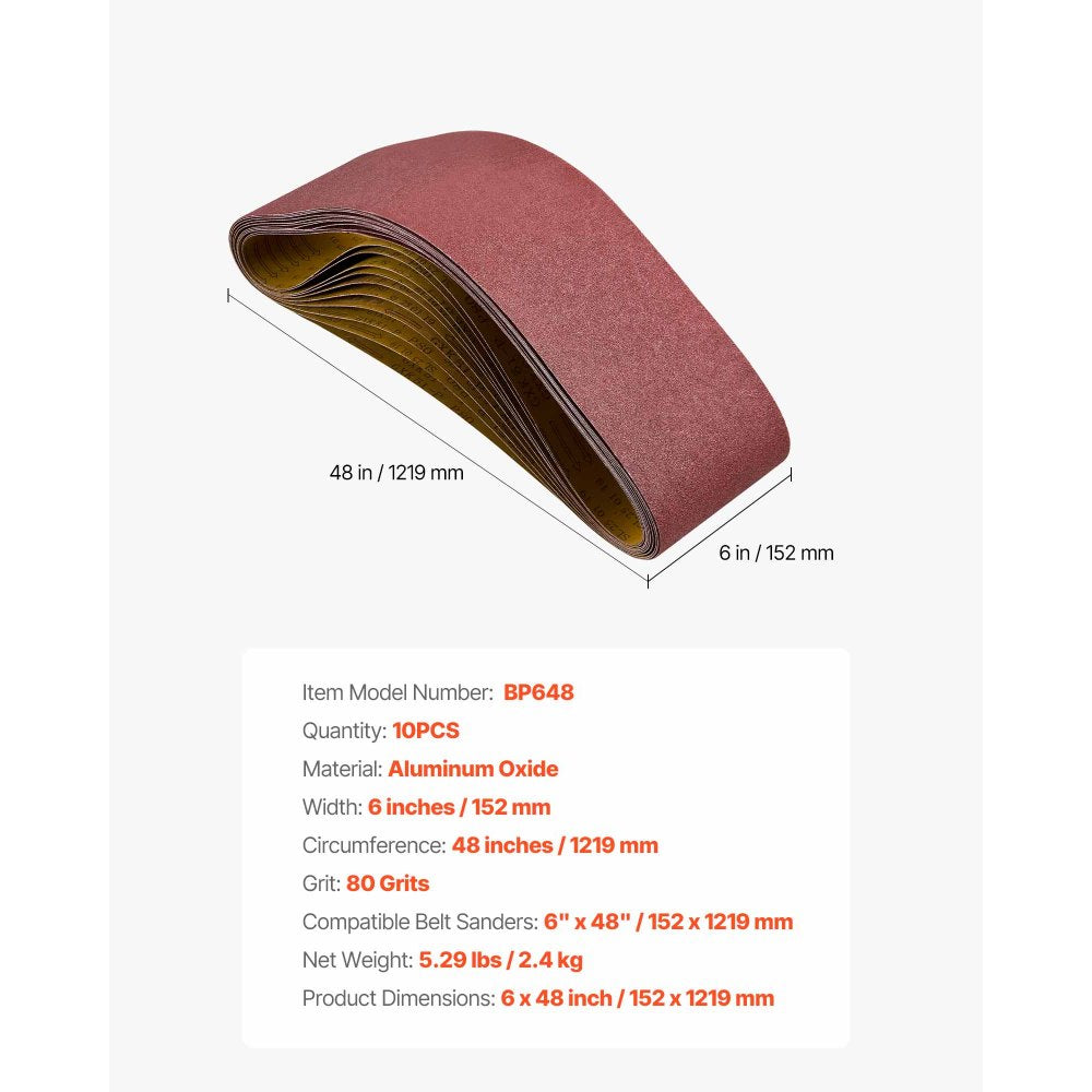 VEVOR Sanding Belts, 6 x 48-inch Belt Sander Sanding Belts, 10PCS 80 Grit Aluminum Oxide for Woodworking, Steel, Aluminum, Non-Ferrous Metals