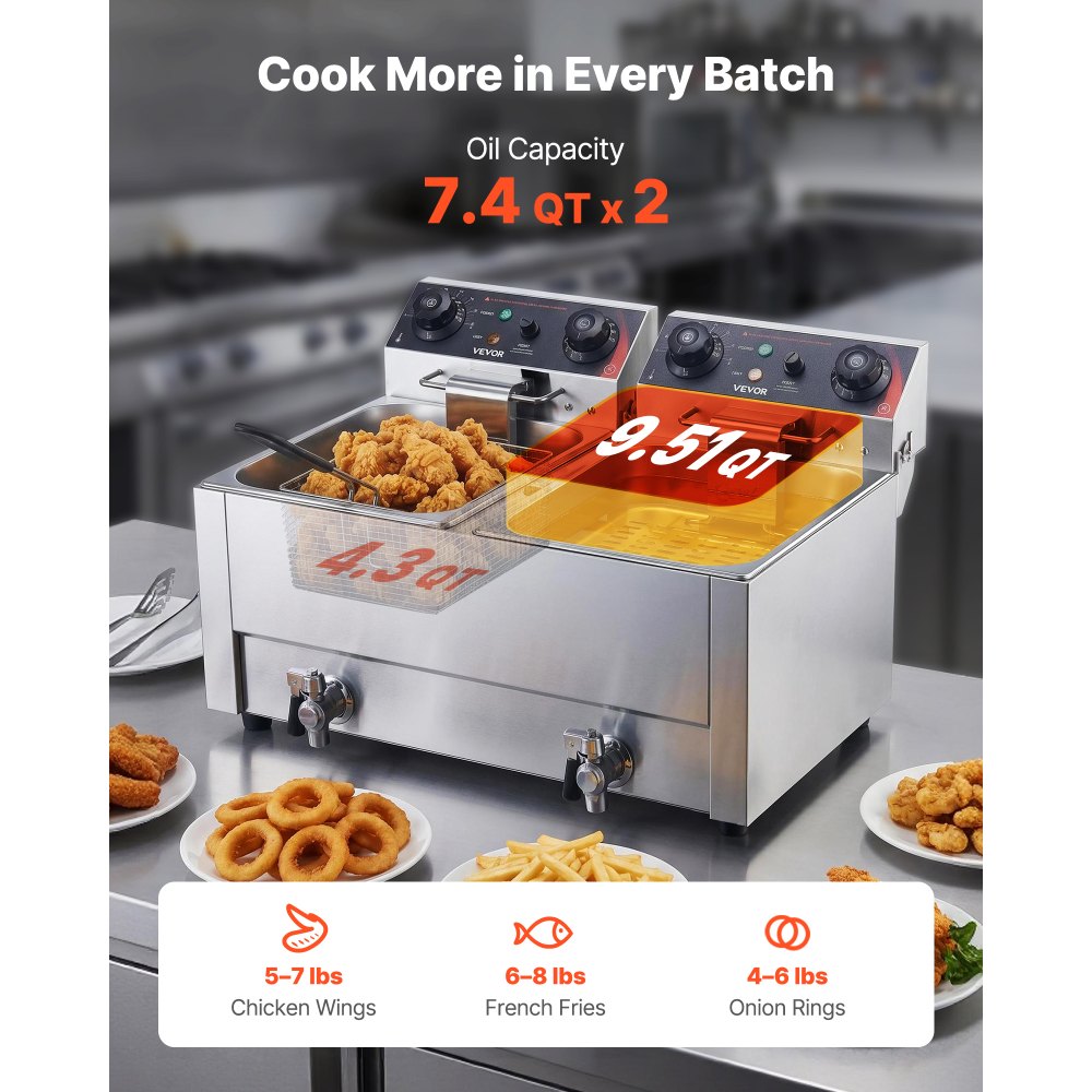 VEVOR Commercial Electric Deep Fryer, Upgrade Dual Tank 19 Qt, 3500W Stainless Steel Countertop Fryer with Baskets & Lids, Temp Control, Timer, Overheat Protection, for Commercial Restaurant, Silver