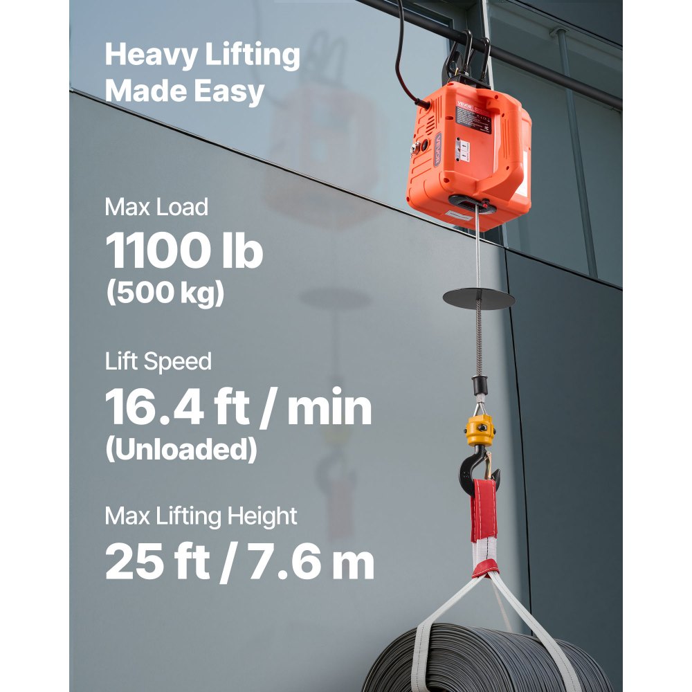 VEVOR 3-in-1 Electric Hoist Winch, 1100 lbs Capacity, 1500W Portable Electric Power Winch, 25 ft Lifting Height, 16.4 ft/min with Manual, Wired & Wireless Remote Control for Factory, Warehouss, Garage