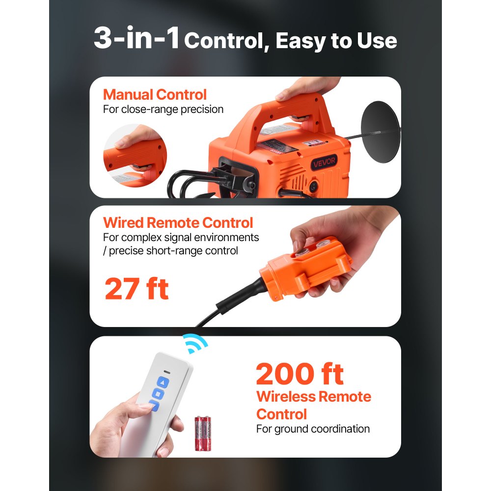 VEVOR 3-in-1 Electric Hoist Winch, 1100 lbs Capacity, 1500W Portable Electric Power Winch, 25 ft Lifting Height, 16.4 ft/min with Manual, Wired & Wireless Remote Control for Factory, Warehouss, Garage