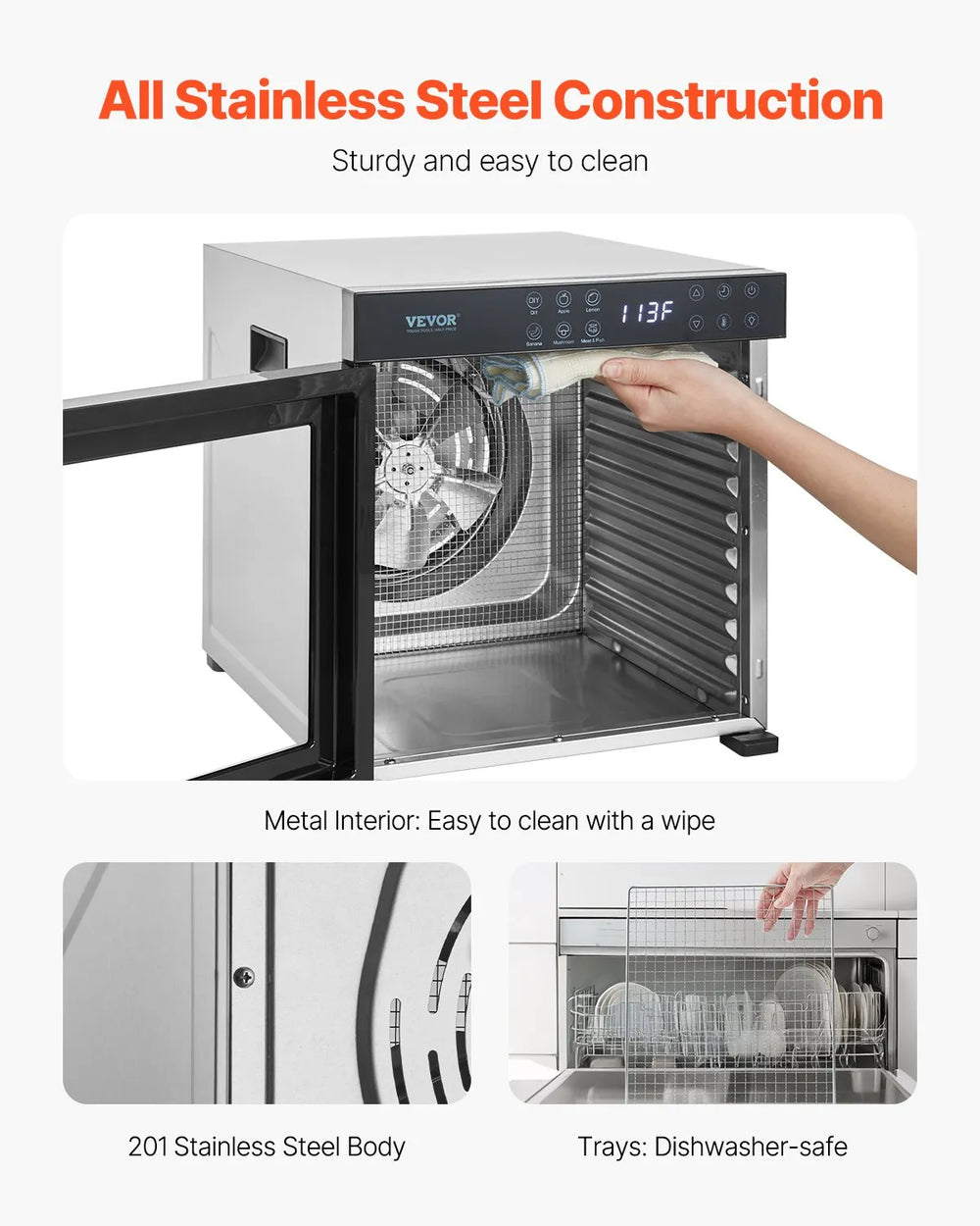 VEVOR Food Dehydrator Machine, 10 Stainless Steel Trays, 1000W Electric Food Dryer with Adjustable Temperature & 24-Hour Timer, Food-Dehydrator for Jerky, Meat, Fruit, Vegetables, Herbs, Dog Treats