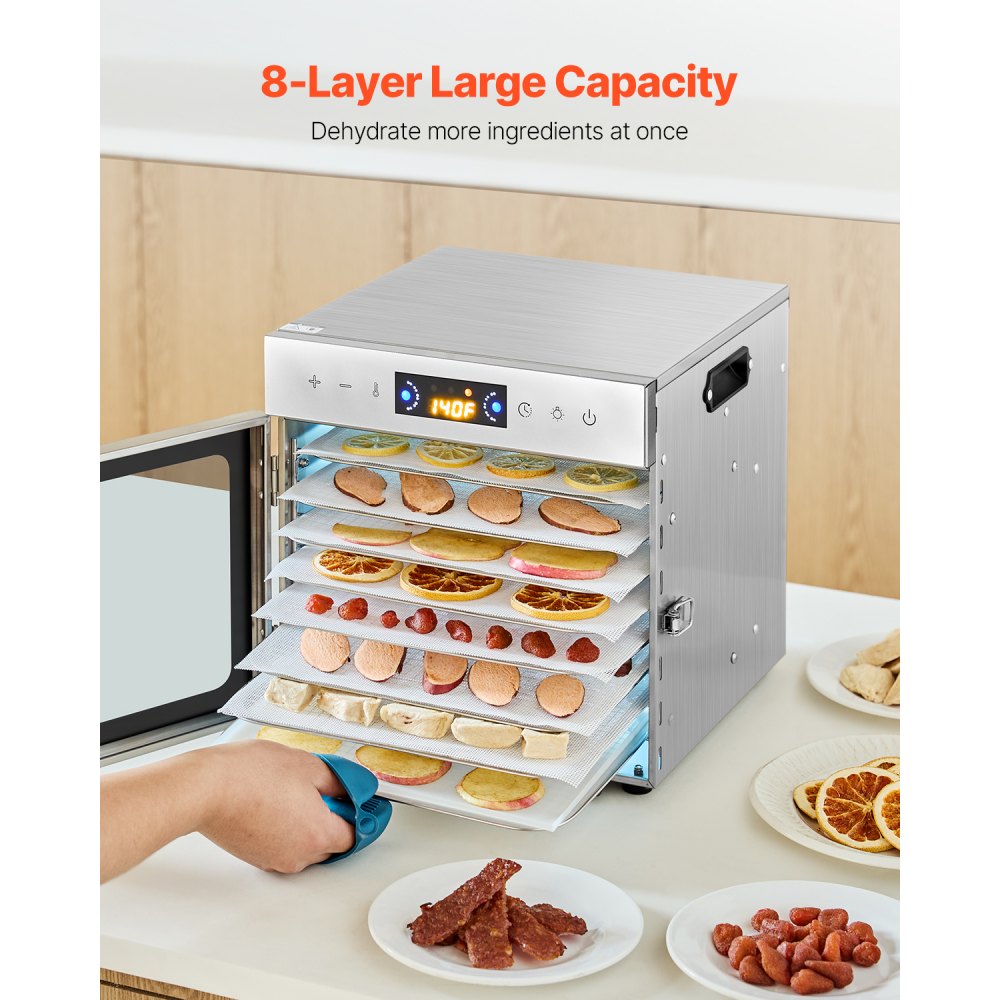 VEVOR Food Dehydrator Machine, 8 Stainless Steel Trays, 400W Electric Food Dryer with Adjustable Temperature & 24-Hour Timer, Heated Dryer for Jerky, Meat, Fruit, Vegetables, Herbs, Dog Treats