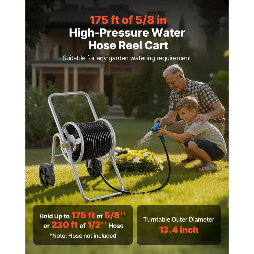 VEVOR Hose Reel Cart, Hold Up to 175 ft of 5/8’’ Hose (Hose Not Included), Garden Water Hose Carts Mobile Tools with Wheels, Heavy Duty Powder-coated Steel Outdoor Planting for Garden, Yard, Lawn