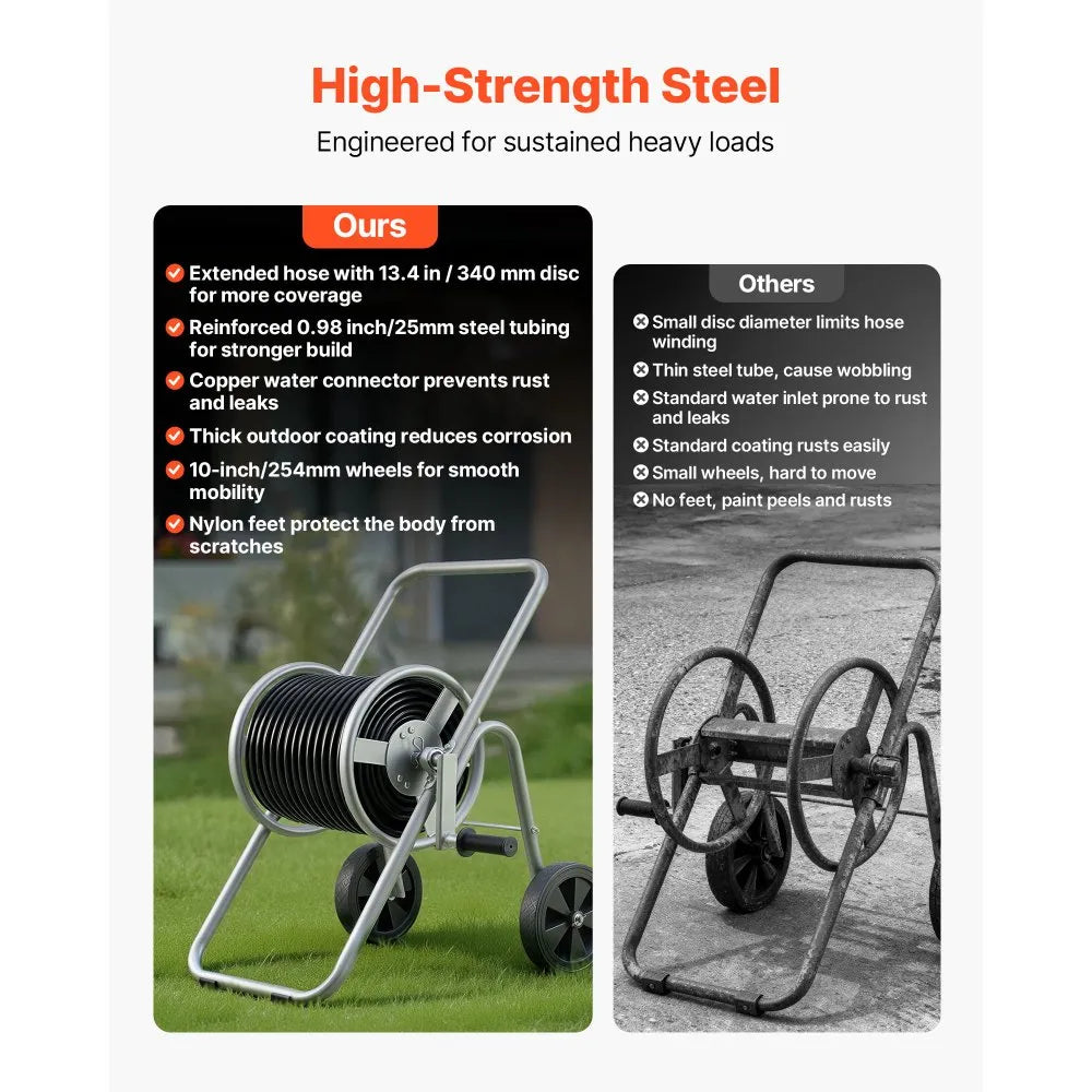 VEVOR Hose Reel Cart, Hold Up to 175 ft of 5/8’’ Hose (Hose Not Included), Garden Water Hose Carts Mobile Tools with Wheels, Heavy Duty Powder-coated Steel Outdoor Planting for Garden, Yard, Lawn