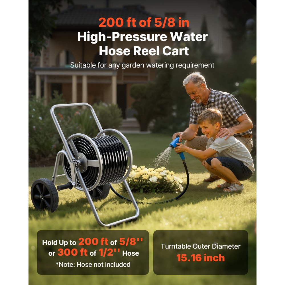 VEVOR Water Hose Reel Cart, 200/300 ft High-Pressure Garden Hose Cart, Hoses Reel Carts with Two Wheels, Handle & Heavy-Duty Mesh Storage Basket, Portable Hoses Reels for Garden Watering, Car Washing
