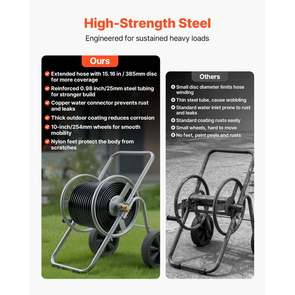 VEVOR Water Hose Reel Cart, 200/300 ft High-Pressure Garden Hose Cart, Hoses Reel Carts with Two Wheels, Handle & Heavy-Duty Mesh Storage Basket, Portable Hoses Reels for Garden Watering, Car Washing