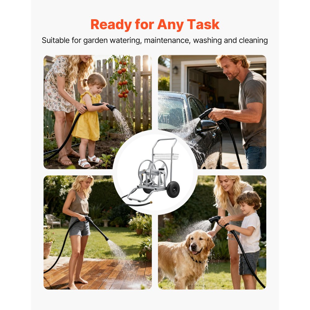 VEVOR Water Hose Reel Cart, 200/300ft High-Pressure Garden Hose Cart, Hoses Reel Carts with Two Wheels, Handle & Heavy-Duty Mesh Storage Basket, Dual-Purpose Portable Hoses Reels for Garden, Car, Pet