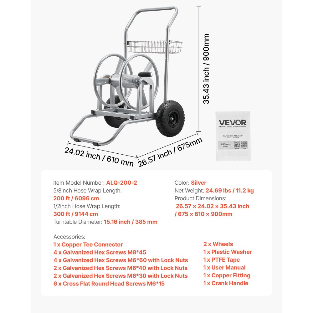 VEVOR Water Hose Reel Cart, 200/300ft High-Pressure Garden Hose Cart, Hoses Reel Carts with Two Wheels, Handle & Heavy-Duty Mesh Storage Basket, Dual-Purpose Portable Hoses Reels for Garden, Car, Pet