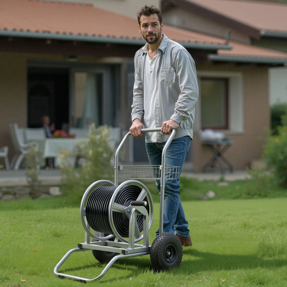 VEVOR Water Hose Reel Cart, 200/300ft High-Pressure Garden Hose Cart, Hoses Reel Carts with Two Wheels, Handle & Heavy-Duty Mesh Storage Basket, Dual-Purpose Portable Hoses Reels for Garden, Car, Pet
