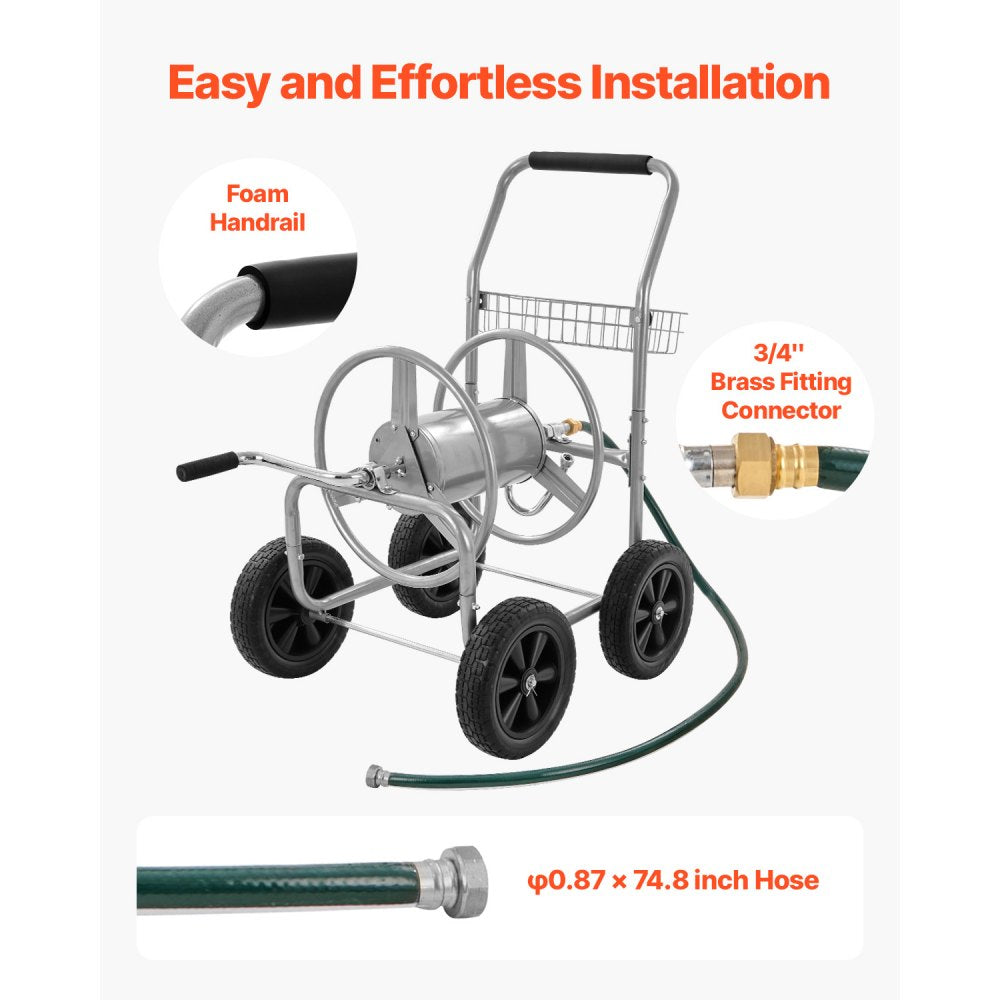 VEVOR Hose Reel Cart, Hold Up to 250 ft of 5/8’’ Hose, Garden Water Hose Carts Mobile Tools with 4 Wheels, Heavy Duty Powder-coated Steel Outdoor Planting with Storage Basket, for Garden, Yard, Lawn