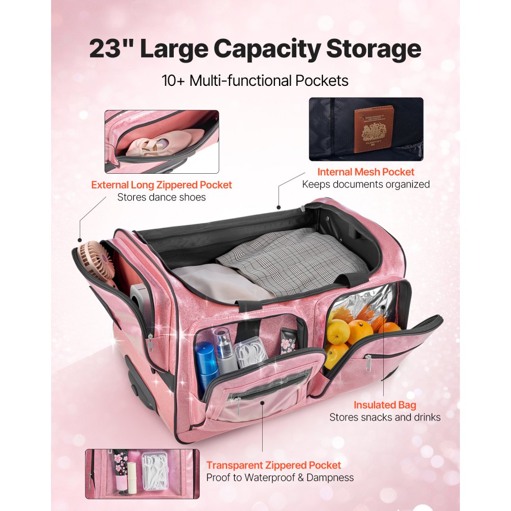 VEVOR Dance Bag with Garment Rack, 23 Inch Rolling Dance Duffel, with Wheels, USB Port, Height Adjustable Clothes Rack, Privacy Protection Curtain, Ideal for Travel and Competitions, Sparkling Pink