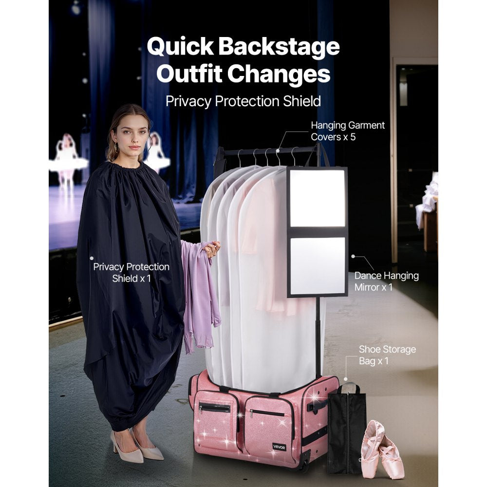 VEVOR Dance Bag with Garment Rack, 23 Inch Rolling Dance Duffel, with Wheels, USB Port, Height Adjustable Clothes Rack, Privacy Protection Curtain, Ideal for Travel and Competitions, Sparkling Pink