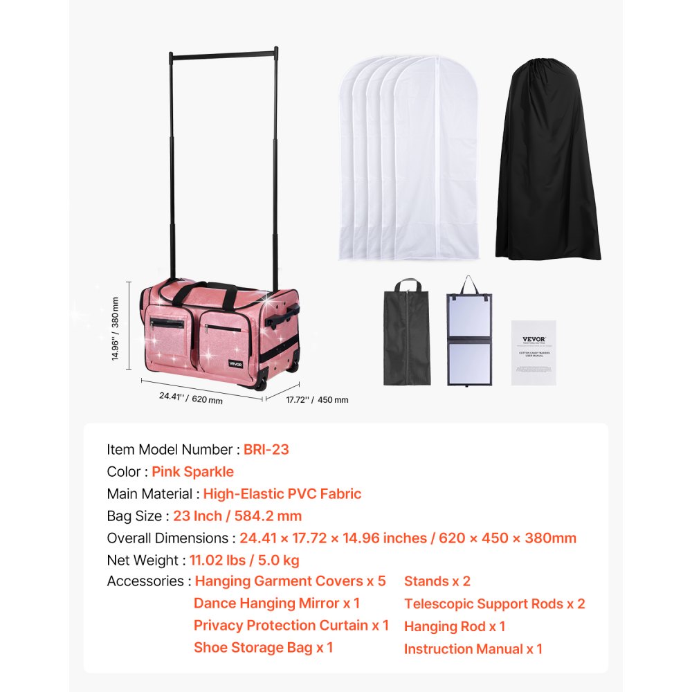 VEVOR Dance Bag with Garment Rack, 23 Inch Rolling Dance Duffel, with Wheels, USB Port, Height Adjustable Clothes Rack, Privacy Protection Curtain, Ideal for Travel and Competitions, Sparkling Pink