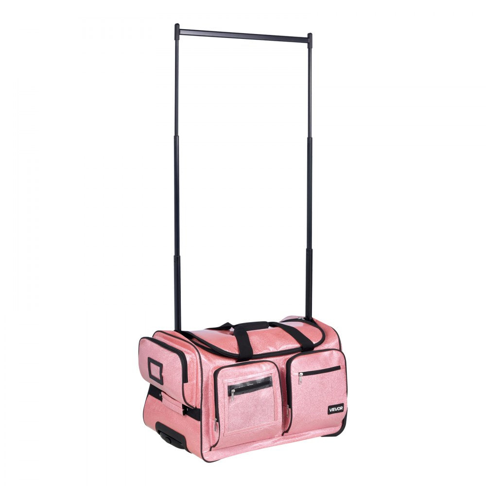VEVOR Dance Bag with Garment Rack, 23 Inch Rolling Dance Duffel, with Wheels, USB Port, Height Adjustable Clothes Rack, Privacy Protection Curtain, Ideal for Travel and Competitions, Sparkling Pink