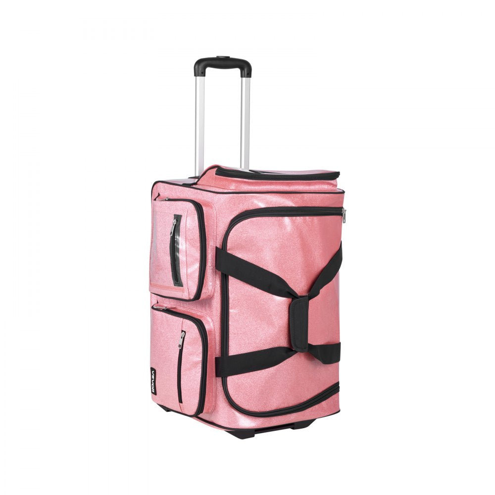 VEVOR Dance Bag with Garment Rack, 23 Inch Rolling Dance Duffel, with Wheels, USB Port, Height Adjustable Clothes Rack, Privacy Protection Curtain, Ideal for Travel and Competitions, Sparkling Pink