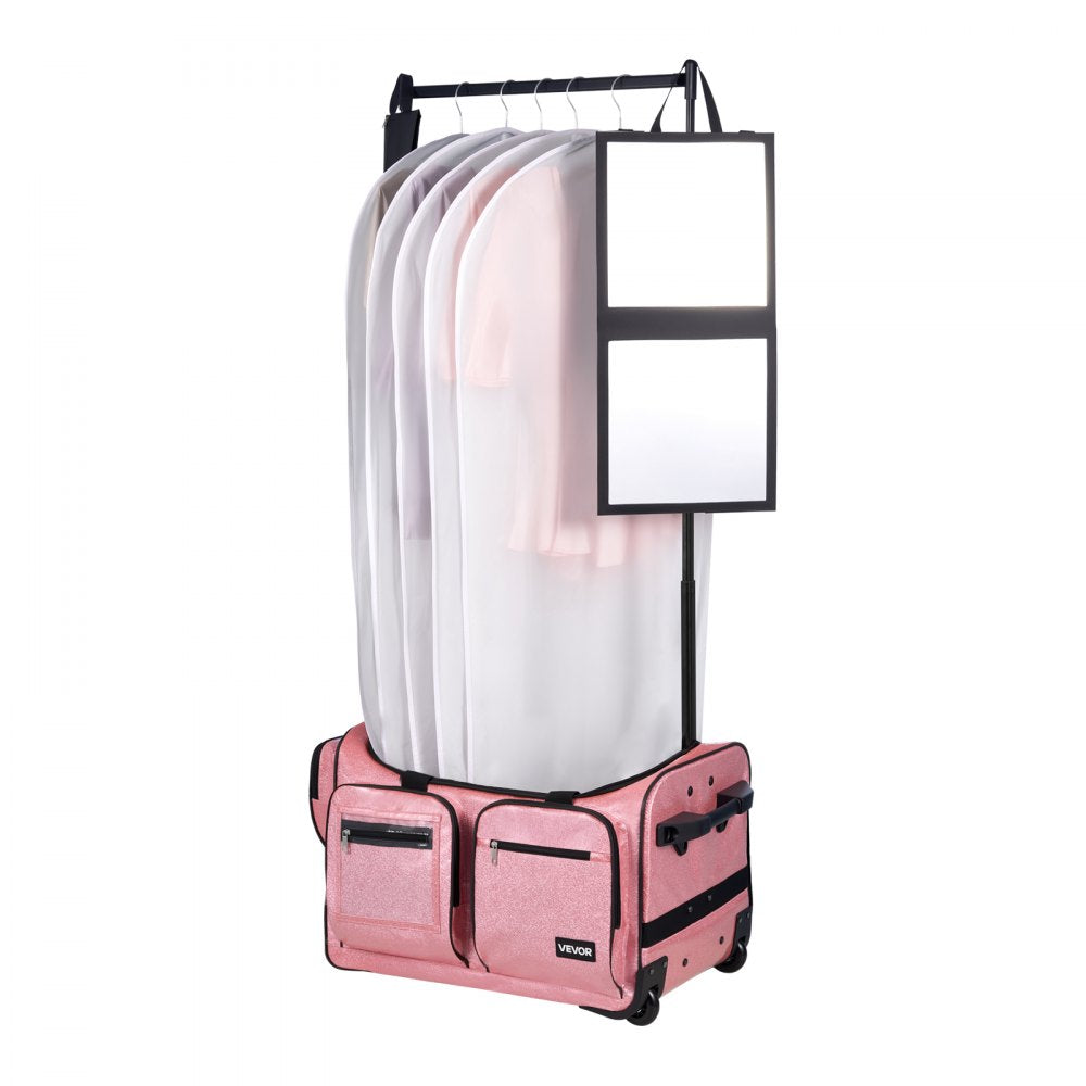 VEVOR Dance Bag with Garment Rack, 23 Inch Rolling Dance Duffel, with Wheels, USB Port, Height Adjustable Clothes Rack, Privacy Protection Curtain, Ideal for Travel and Competitions, Sparkling Pink