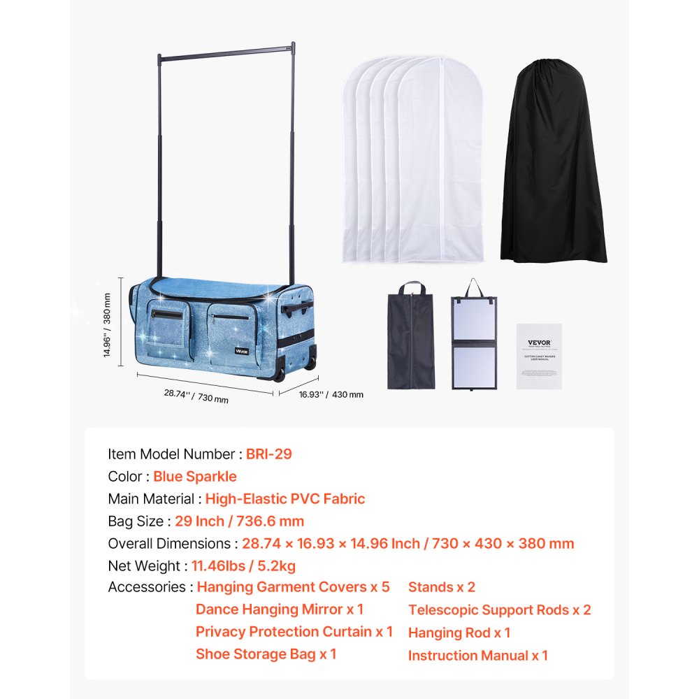 VEVOR Dance Bag with Garment Rack, 29 Inch Rolling Dance Duffel, with Wheels, USB Port, Height Adjustable Clothes Rack, Privacy Protection Curtain, Ideal for Travel and Competitions, Sparkling Blue