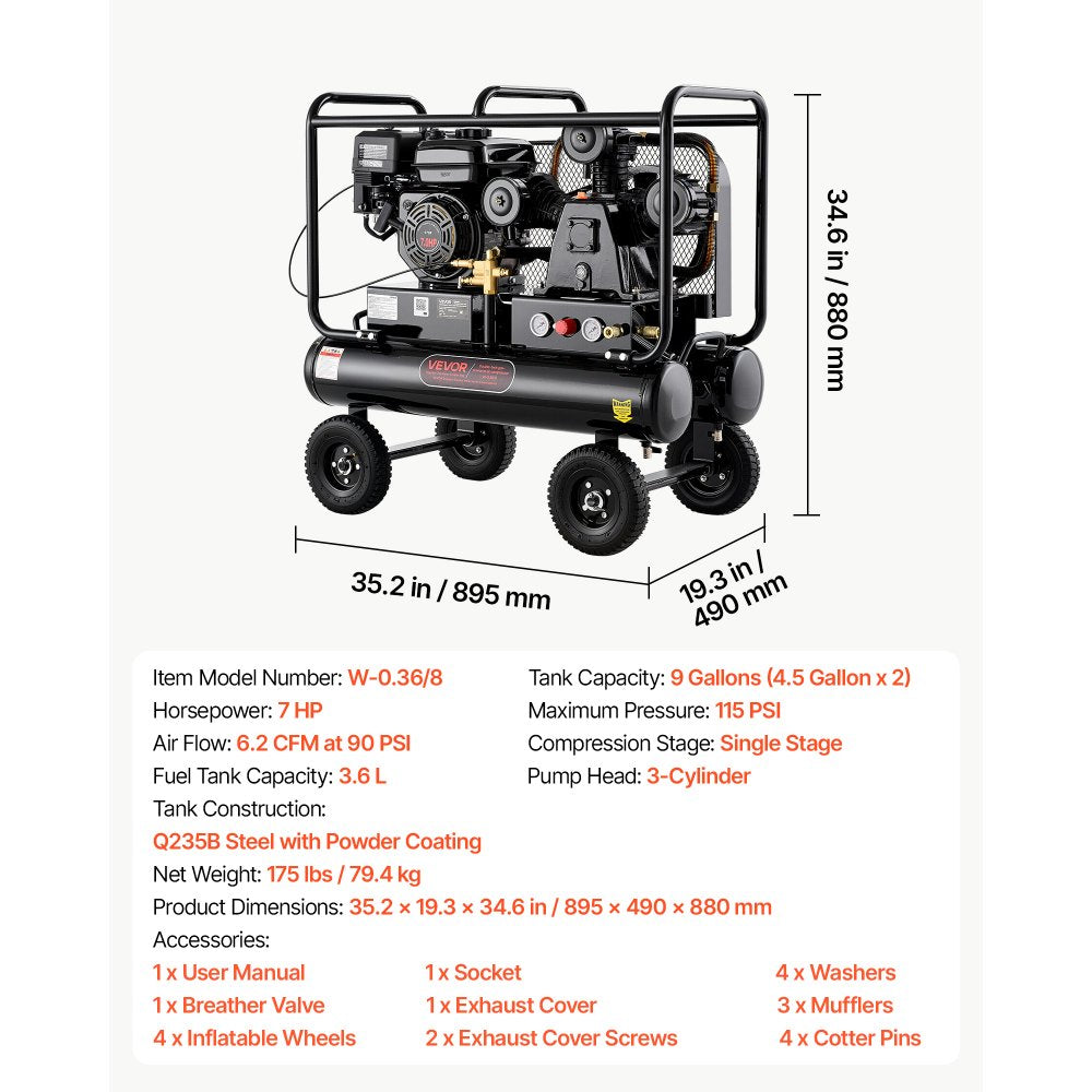 VEVOR 9 Gallon Twin-Tank Gas Powered Air Compressor, 7HP 6.2CFM at 90PSI Gas-Driven Air Compression System with Three-Cylinder Piston Pump, 115 PSI Max Pressure & 4 Wheels for Workshops (4.5 Gal x 2)