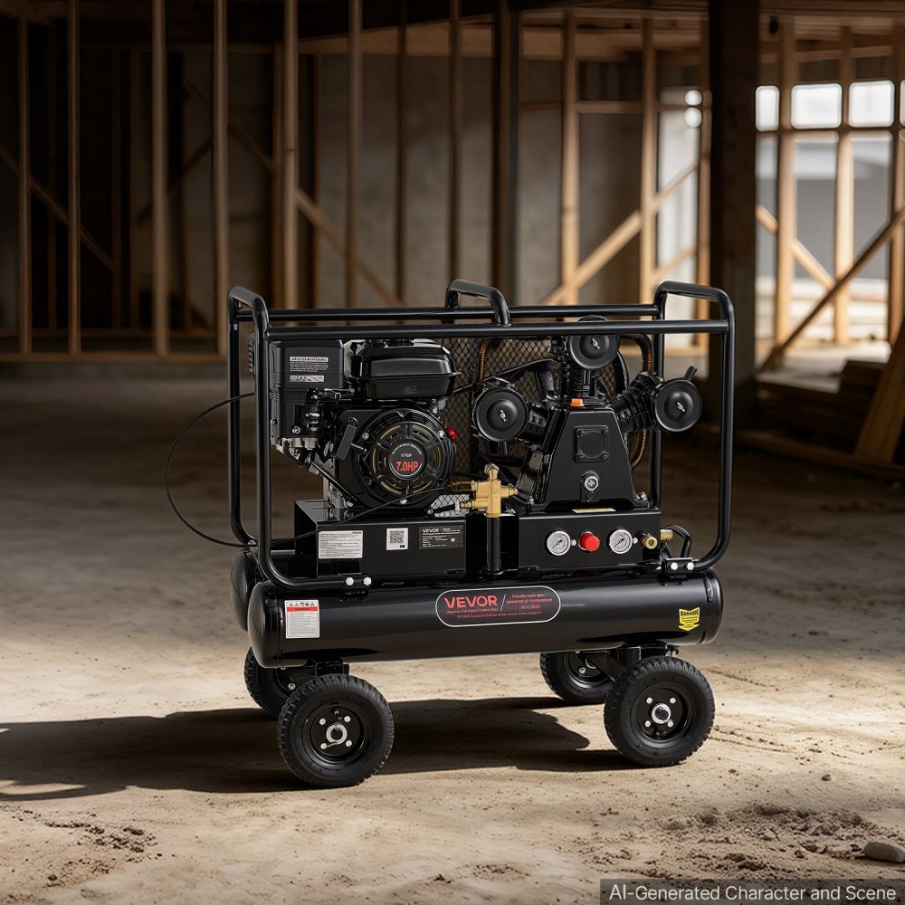 VEVOR 9 Gallon Twin-Tank Gas Powered Air Compressor, 7HP 6.2CFM at 90PSI Gas-Driven Air Compression System with Three-Cylinder Piston Pump, 115 PSI Max Pressure & 4 Wheels for Workshops (4.5 Gal x 2)