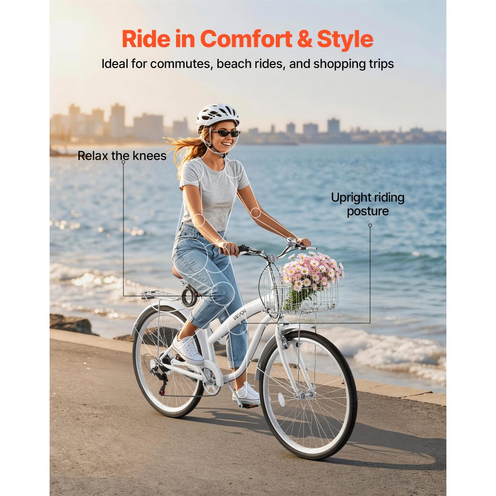VEVOR Women Bike, 26 in Beach Cruiser Bike, 7-Speed Adult City Bicycle with Carbon Steel Frame, 330 lbs Capacity, Basket, Rear Rack & Dual V-Brakes, White