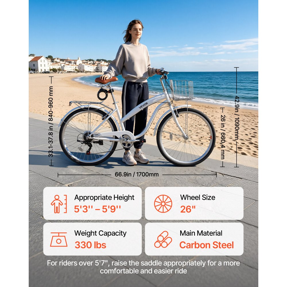 VEVOR Women Bike, 26 in Beach Cruiser Bike, 7-Speed Adult City Bicycle with Carbon Steel Frame, 330 lbs Capacity, Basket, Rear Rack & Dual V-Brakes, White