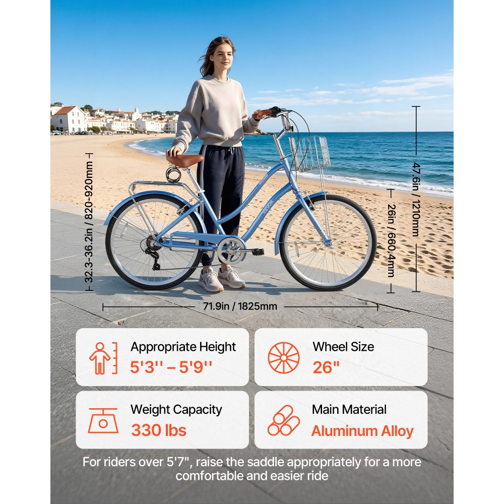 VEVOR Women Bike, 26 in Beach Cruiser Bike, 7-Speed Adult City Bicycle with Aluminum Alloy Frame, 330 lbs Capacity, Basket, Rear Rack & Dual V-Brakes, Light Blue