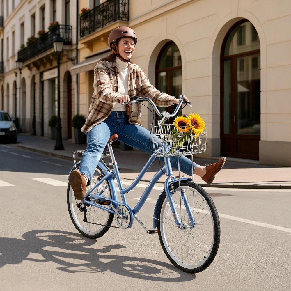 VEVOR Women Bike 26 in Beach Cruiser Bike 7-Speed Adult City Bicycle with Aluminum Alloy Frame 330 lbs Capacity Basket Rear Rack & Dual V-Brakes
