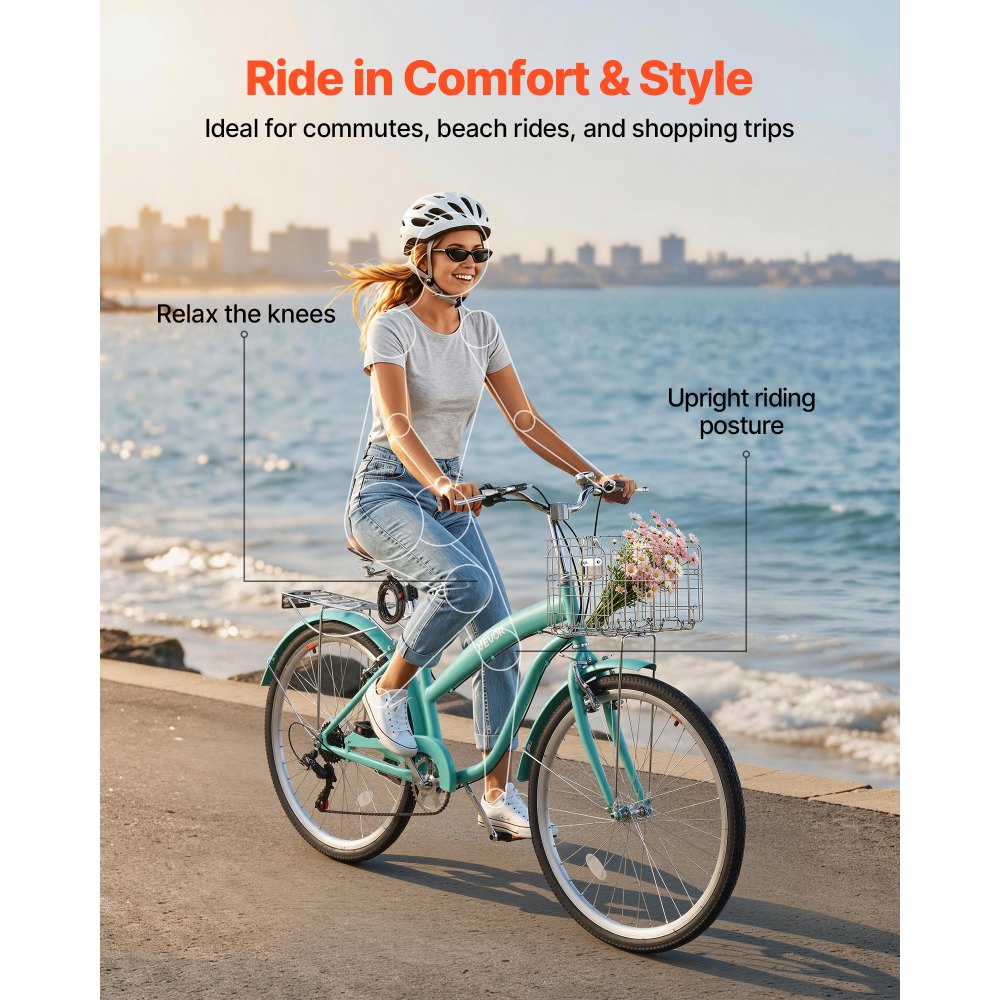 VEVOR Women Bike, 26 in Beach Cruiser Bike, 7-Speed Adult City Bicycle with Carbon Steel Frame, 330 lbs Capacity, Basket, Rear Rack & Dual V-Brakes, Mint Green
