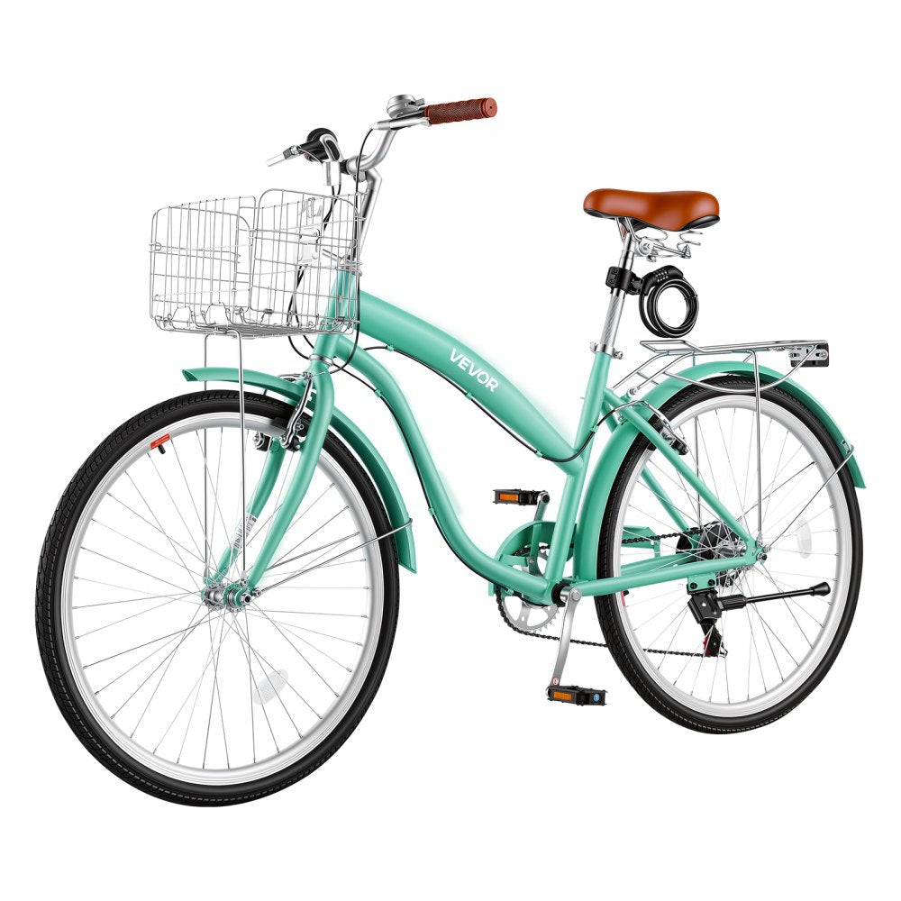 VEVOR Women Bike, 26 in Beach Cruiser Bike, 7-Speed Adult City Bicycle with Carbon Steel Frame, 330 lbs Capacity, Basket, Rear Rack & Dual V-Brakes, Mint Green