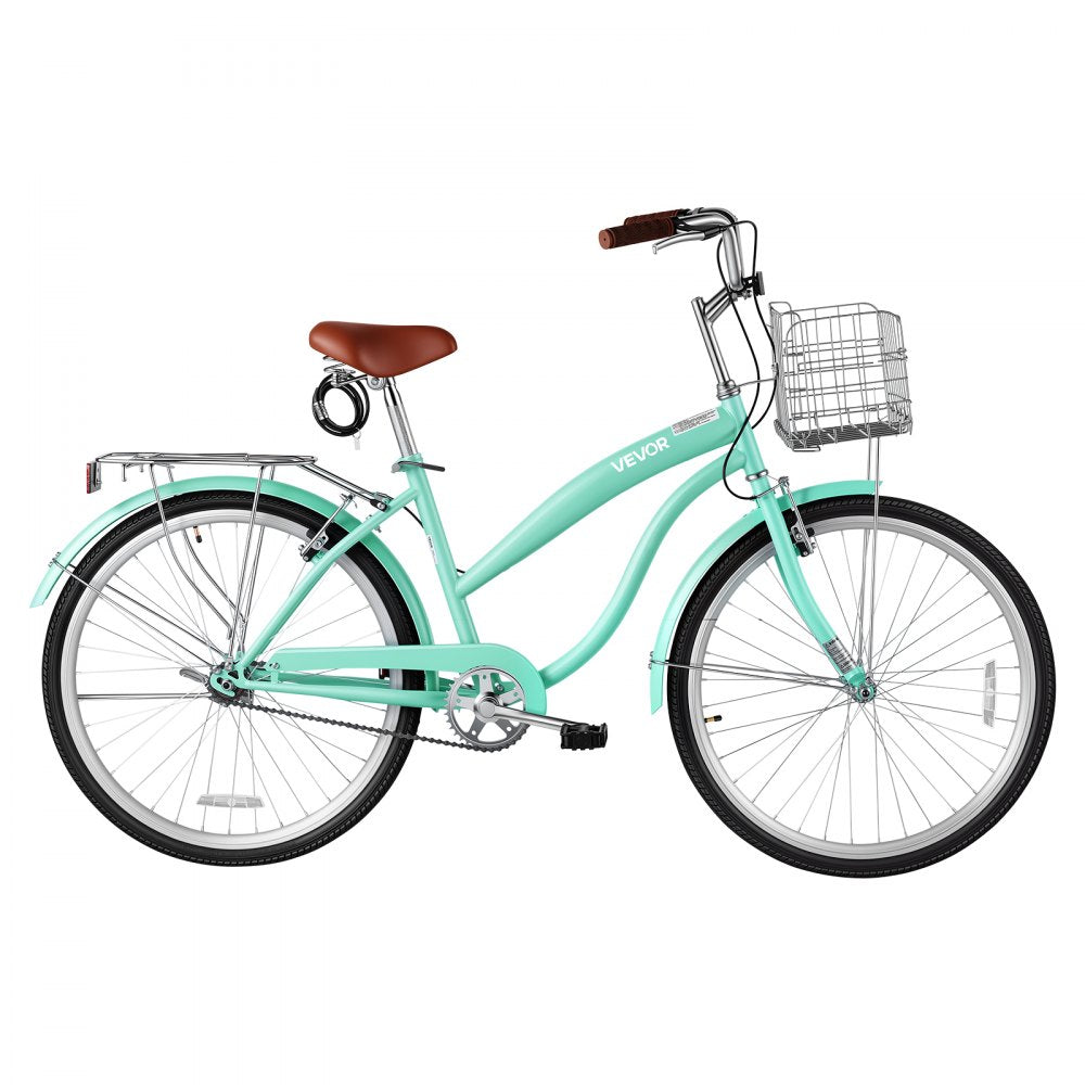 VEVOR Women Bike, 26 in Beach Cruiser Bike, Single-Speed Adult City Bicycle with Steel Frame, 330 lbs Capacity, Basket, Rear Rack & Dual V-Brakes, Mint Green